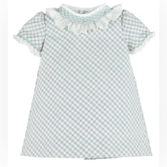 Luli & Me Girls Check Plaid Smocked Ruffle Collar Mint Green & Gray 9M